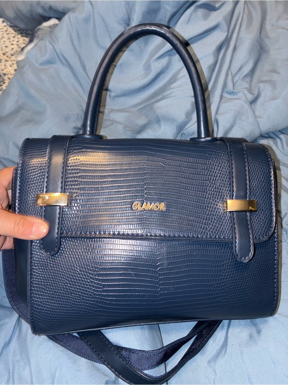 Glamour Deep Navy Textured Satchel with Gold Accents